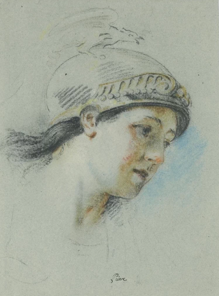 Studio della testa di una figura mitologica femminile che indossa un elmo